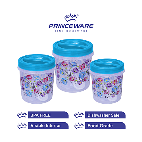 Princeware Atta/Dal/Rice/Plastic Storage Container/Dabba Set - Twister, BPA-Free, Foil Printed, Blue, 3 pcs  