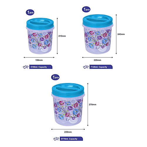Princeware Atta/Dal/Rice/Plastic Storage Container/Dabba Set - Twister, BPA-Free, Foil Printed, Blue, 3 pcs  