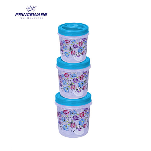 Princeware Atta/Dal/Rice/Plastic Storage Container/Dabba Set - Twister, BPA-Free, Foil Printed, Blue, 3 pcs  