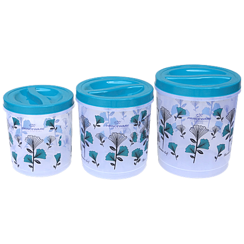 Princeware Atta/Dal/Rice/Plastic Storage Container/Dabba Set - Twister, BPA-Free, Foil Printed, Blue, 3 pcs  