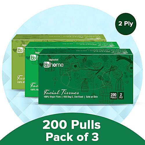 bb home Facial Tissues - 2 Ply, 200 Pulls (Pack of 3) 100% Virgin Fibre, Soft & Absorbent