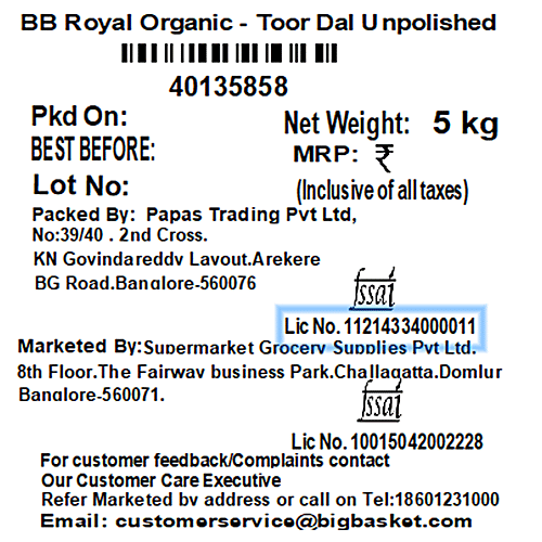 bb Royal Organic - Tur/Toor Dal, 5 kg  