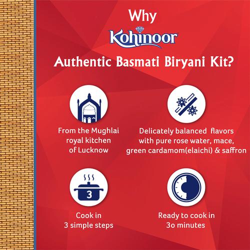 Kohinoor Biryani Basmati Rice/Basmati Akki Kit - Authentic Lucknowi, 327 g (Ready to Cook) No Artificial Colours or Preservatives