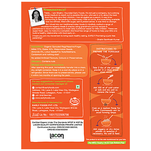 Early Foods Organic Sprouted Ragi, Almond & Dates Porridge Mix - Vegan, Gluten Free, 200 g  No Preservatives, No Artificial Flavours