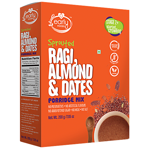 Early Foods Organic Sprouted Ragi, Almond & Dates Porridge Mix - Vegan, Gluten Free, 200 g  No Preservatives, No Artificial Flavours