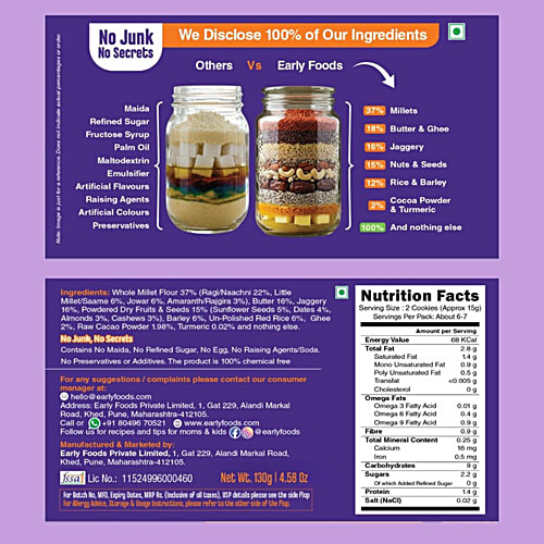 Early Foods Jaggery Millet Cookies - Ragi & Chocolate, No Preservatives & Additives, 130 g  No Preservatives, No Additives