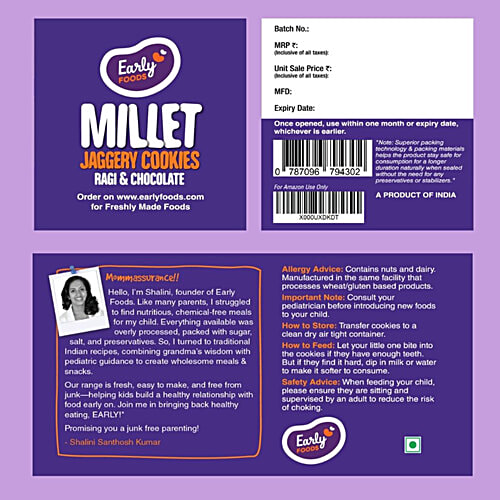 Early Foods Jaggery Millet Cookies - Ragi & Chocolate, No Preservatives & Additives, 130 g  No Preservatives, No Additives