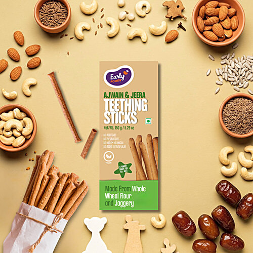 Early Foods Ajwain & Jeera Teething Sticks, 150 g No Preservatives, No Additives, No Milk, No Maida, No Refined Sugar