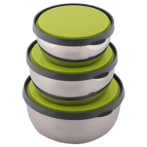Homio Stainless Steel Food Container/ Tiffin Box- Green, Circular, BB 572 3, 3 Pcs.  