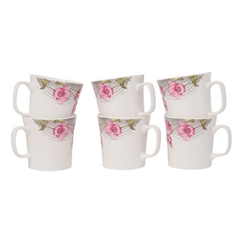 BP Bharat Chai/Chai/Tea/ Coffee Bone China Microwave Series Small Mug Set - Pink & Green Flower, 115 ml Pack of 6 