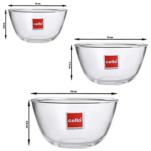 Cello Glass Bowl For Mixing/Serving - Borosilicate, Ornella, 3 pcs (500 ml, 1 L & 1.5 l) Freezer Safe & Dishwasher Safe
