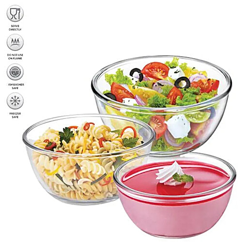 Cello Glass Bowl For Mixing/Serving - Borosilicate, Ornella, 3 pcs (500 ml, 1 L & 1.5 l) Freezer Safe & Dishwasher Safe