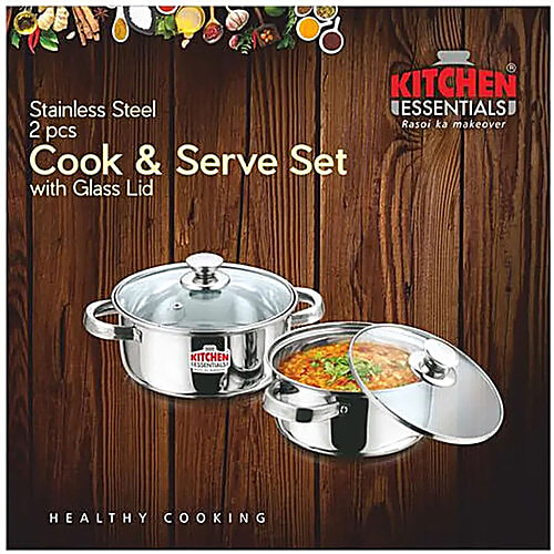 Kitchen Essentials Steel Cook & Serve Set With Glass Lid, 16 cm, Sturdy, Highly Durable, 1.5 L (Set of 2)