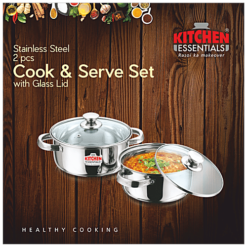 Buy Kitchen Essentials Steel Cook & Serve Set With Glass Lid, 16 cm