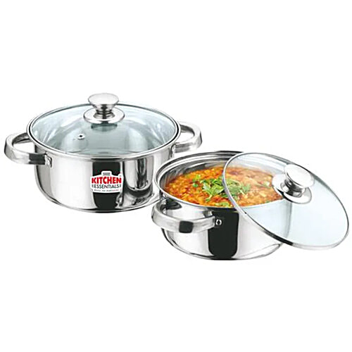 Kitchen Essentials Steel Cook & Serve Set With Glass Lid, 16 cm, Sturdy, Highly Durable, 1.5 L (Set of 2)