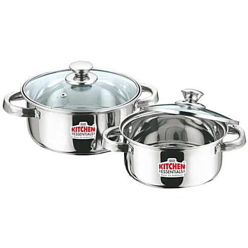 Kitchen Essentials Steel Cook & Serve Set With Glass Lid, 16 cm, Sturdy, Highly Durable, 1.5 L (Set of 2)