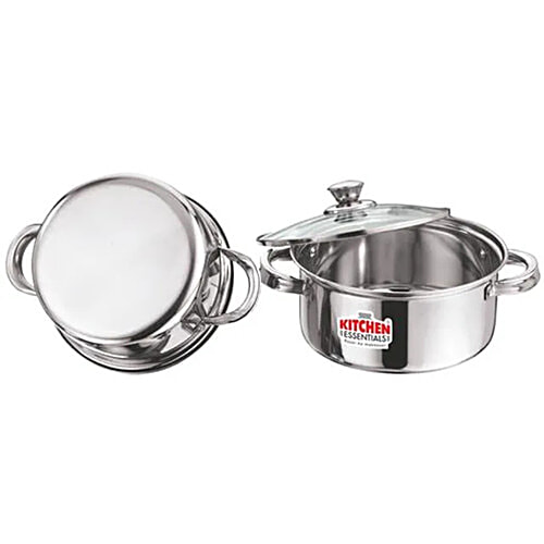 Kitchen Essentials Steel Cook & Serve Set With Glass Lid, 16 cm, Sturdy, Highly Durable, 1.5 L (Set of 2)