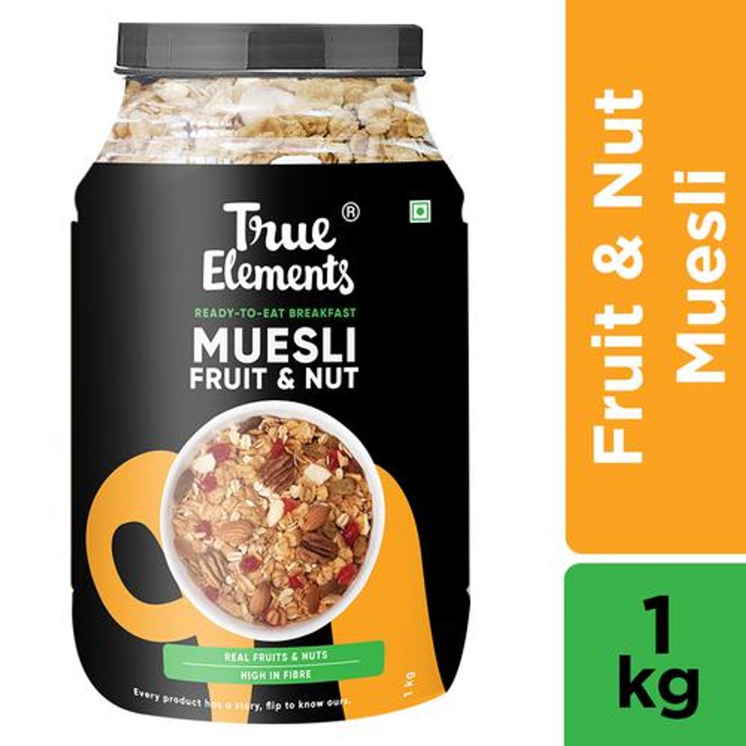 True Elements Fruit & Nut Muesli - Rich In Protein & Fibre, No Added Sugar, 1 kg Matt Pouch