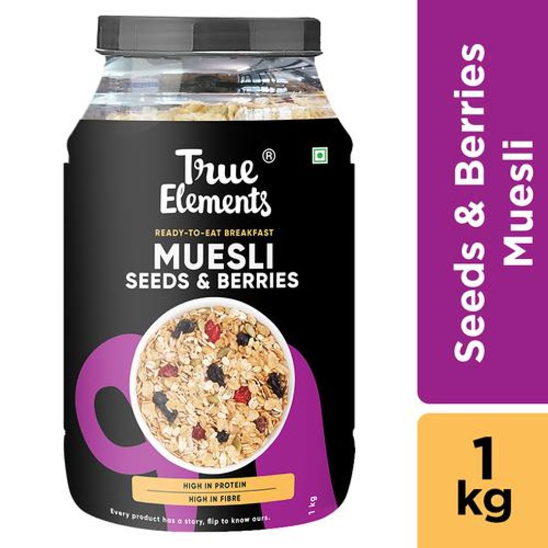 True Elements Seeds & Berries Muesli - High Fibre & Protein, Ready To Eat Healthy Breakfast, 1 kg 