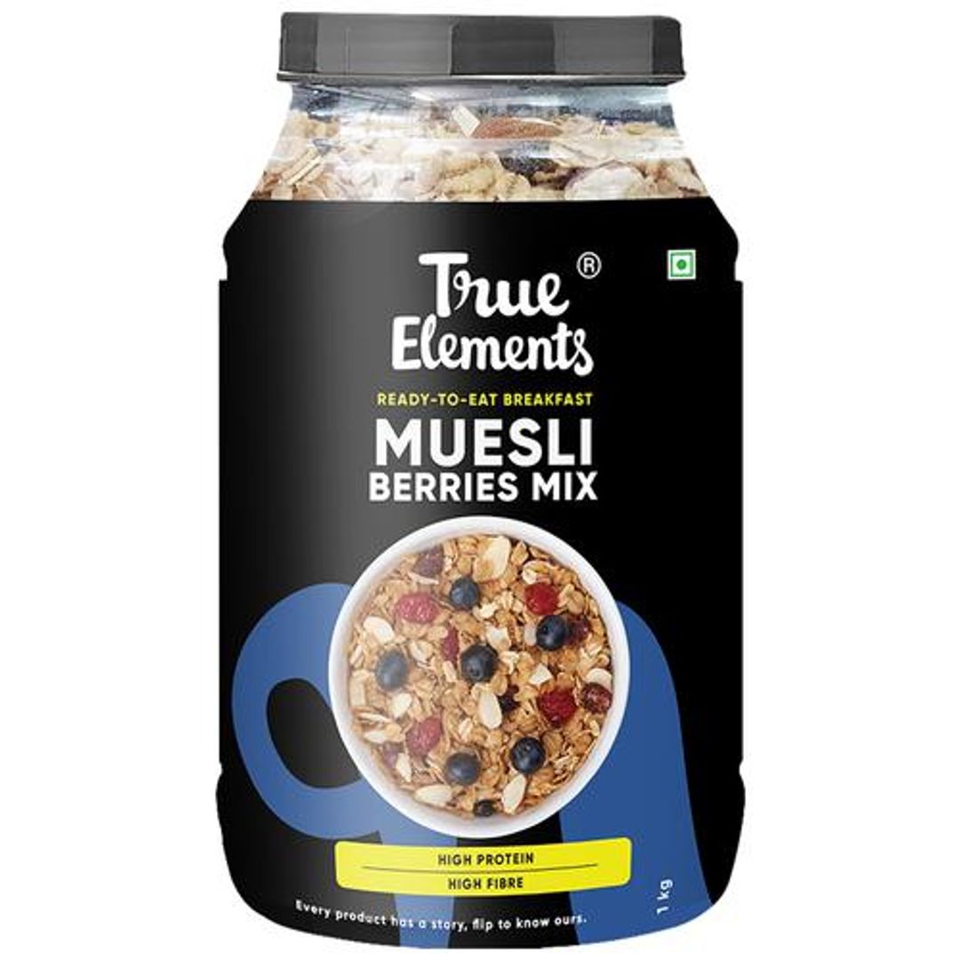 True Elements Cranberry & Blueberry Muesli - Fibre Rich, Wholegrain Breakfast Cereal, 1 kg Bottle
