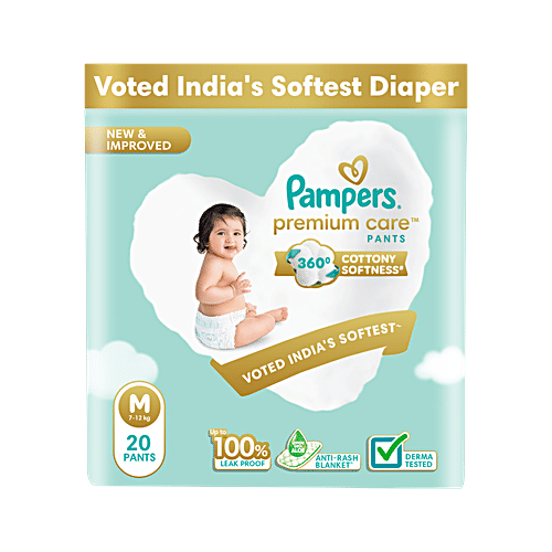 Pampers  Premium Care Diaper Pants - M, 20 pcs  Up to 100% Leak Proof, Anti-Rash Blanket, 360 Degree Cottony Softness