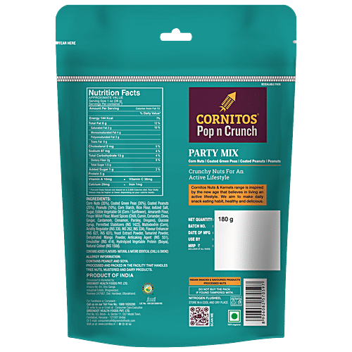 Cornitos Pop N Crunch Party Mix - Salted Peanuts, Corn Nuts & Coated Green Peas, 180 g  Source of Protein, No Onion, No Garlic