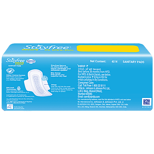 STAYFREE Secure Ultra-Thin Sanitary Pads - With Wings, XL, 40 pcs  