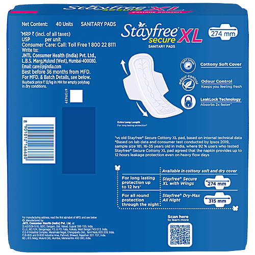 STAYFREE Secure Cottony Comfort Sanitary Pads - XL, 40 pcs
