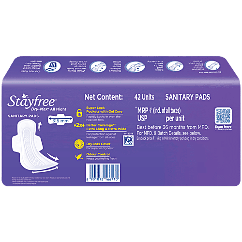 STAYFREE Dry-Max All Nights Sanitary Pads - XXL, 42 pcs Odour Control, Dry-Max Cover