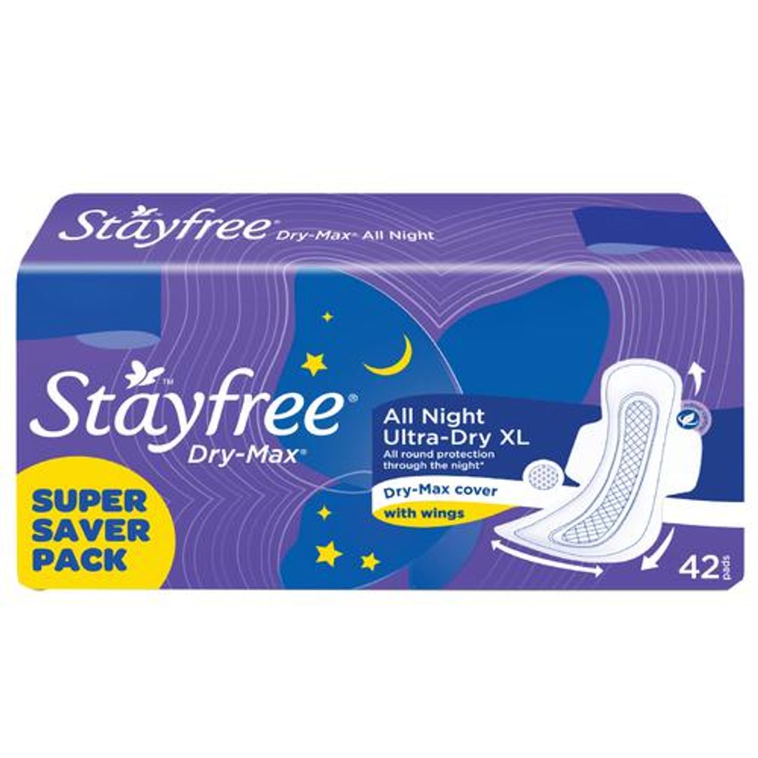 STAYFREE Dry-Max All Night XL - Sanitary Pads For Women, With Wings, 42 pcs (Super Saver Pack)