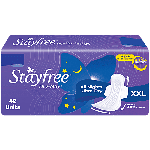 STAYFREE Dry-Max All Nights Sanitary Pads - XXL, 42 pcs Odour Control, Dry-Max Cover