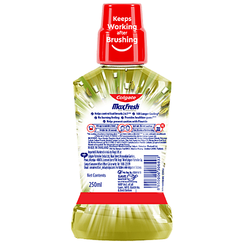 Colgate Maxfresh Mouthwash - 10X Longer Cooling, Removes Germs, Controls Bad Breath, Saunf Mint, 250 ml Bottle No Alcohol, 24/7 Bad Breath Control