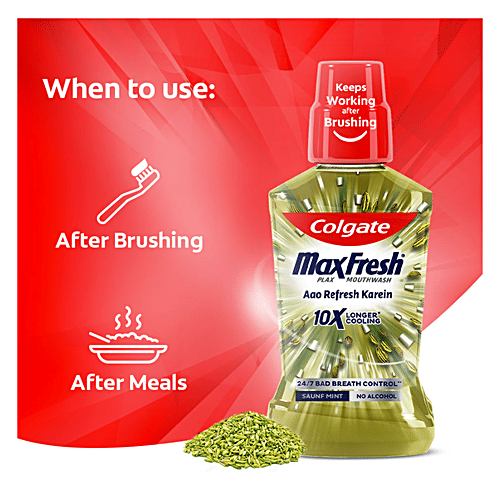 Colgate Maxfresh Mouthwash - 10X Longer Cooling, Removes Germs, Controls Bad Breath, Saunf Mint, 250 ml Bottle No Alcohol, 24/7 Bad Breath Control
