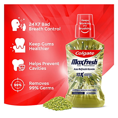 Colgate Maxfresh Mouthwash - 10X Longer Cooling, Removes Germs, Controls Bad Breath, Saunf Mint, 250 ml Bottle No Alcohol, 24/7 Bad Breath Control