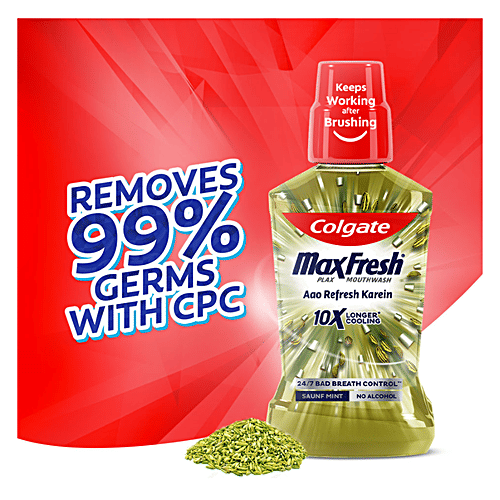 Colgate Maxfresh Mouthwash - 10X Longer Cooling, Removes Germs, Controls Bad Breath, Saunf Mint, 250 ml Bottle No Alcohol, 24/7 Bad Breath Control