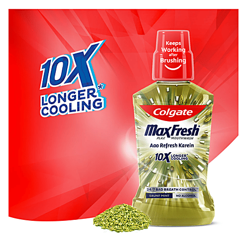 Colgate Maxfresh Mouthwash - 10X Longer Cooling, Removes Germs, Controls Bad Breath, Saunf Mint, 250 ml Bottle No Alcohol, 24/7 Bad Breath Control