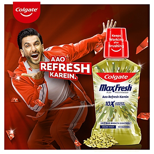 Colgate Maxfresh Mouthwash - 10X Longer Cooling, Removes Germs, Controls Bad Breath, Saunf Mint, 250 ml Bottle No Alcohol, 24/7 Bad Breath Control