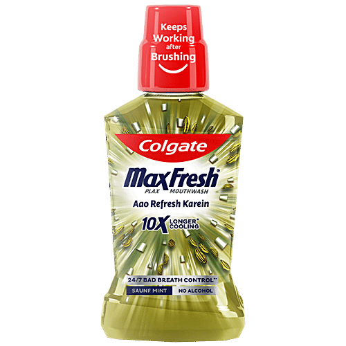 Colgate Maxfresh Mouthwash - 10X Longer Cooling, Removes Germs, Controls Bad Breath, Saunf Mint, 250 ml Bottle No Alcohol, 24/7 Bad Breath Control