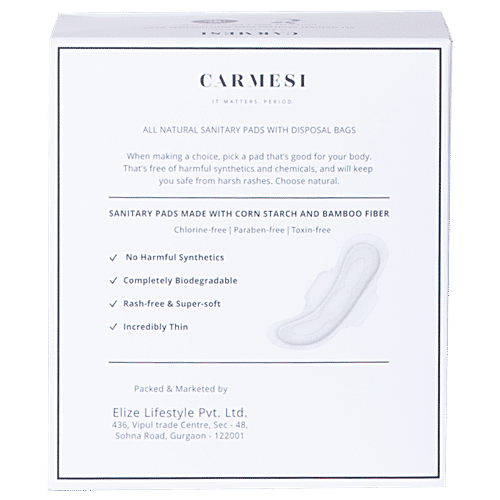 Carmesi All Natural Sanitary Pads with Disposal Bags - Regular, Soft, Thin, Chlorine Free, Paraben Free, 10 pcs 5 XL + 5 Regular Chlorine Free, Paraben Free
