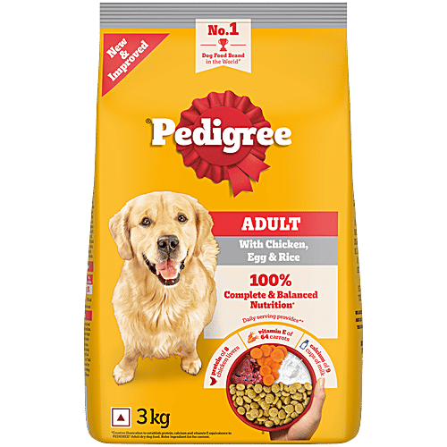 Pedigree Adult Dry Dog Food, Chicken, Egg & Rice, 3 kg, 100% Complete & Balanced Food for Adult Dogs, 3 kg Healthy Muscles & Bones, Healthy Digestive System, Shinier Coat, High Quality Protein & Calcium