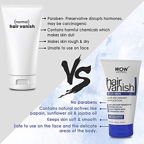 Wow Skin Science Hair Vanish For Men - Helps Delay Regrowth, For All Skin Types, No Parabens, 100 ml  No Parabens, Mineral Oils
