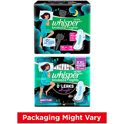 Whisper Ultra Bindazzz Nights Sanitary Pads - XL+, 15 pcs Up to 0% Leaks, All Night Long