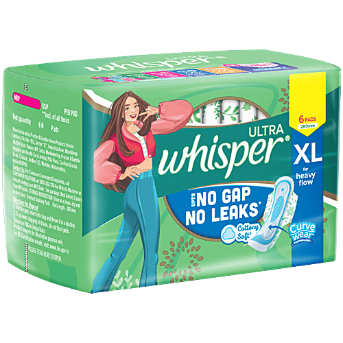 Whisper Ultra Sanitary Pads - For Heavy Flow, XL, 6 pcs Locks 100% Wetness, More Than 20% Longer With Wider Back