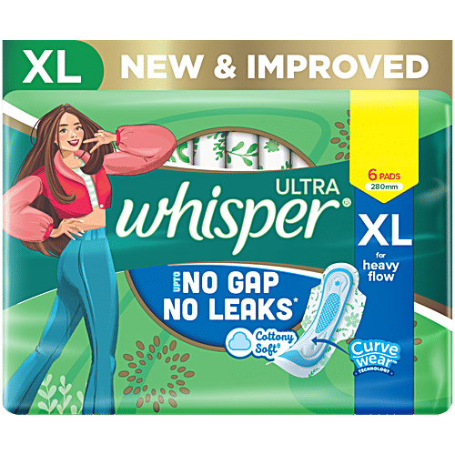 Whisper Ultra Sanitary Pads - For Heavy Flow, XL, 6 pcs Locks 100% Wetness, More Than 20% Longer With Wider Back