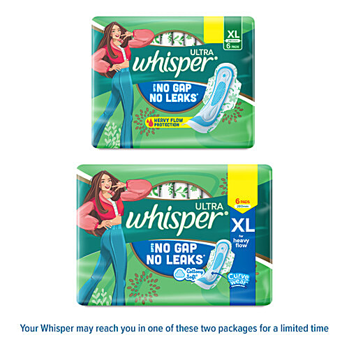 Whisper Ultra Sanitary Pads - For Heavy Flow, XL, 6 pcs Locks 100% Wetness, More Than 20% Longer With Wider Back