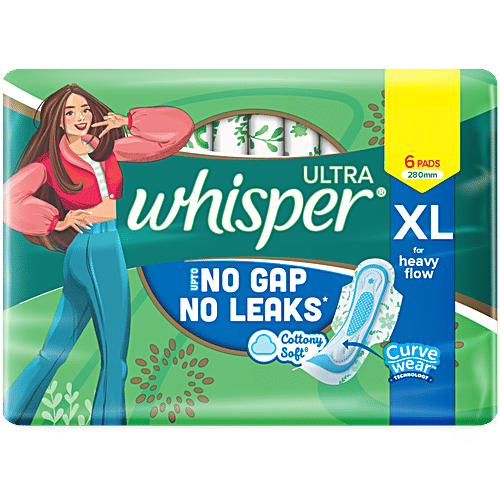 Whisper Ultra Sanitary Pads - For Heavy Flow, XL, 6 pcs Locks 100% Wetness, More Than 20% Longer With Wider Back