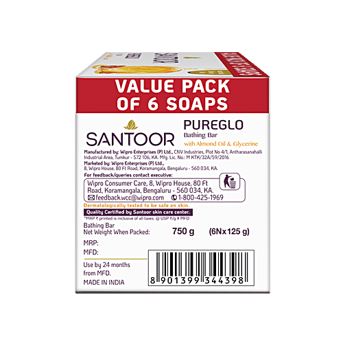 Santoor PureGlo Glycerine Bathing Bar Soap with Almond Oil, 125 g (Pack of 6) 