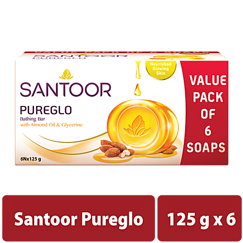 Santoor PureGlo Glycerine Bathing Bar Soap with Almond Oil, 125 g (Pack of 6) 
