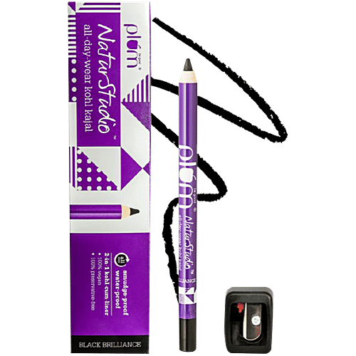 Plum NaturStudio All-Day-Wear Kohl Kajal - Waterproof, Vegan, 1.2 g (Get Free Sharpener Inside) 