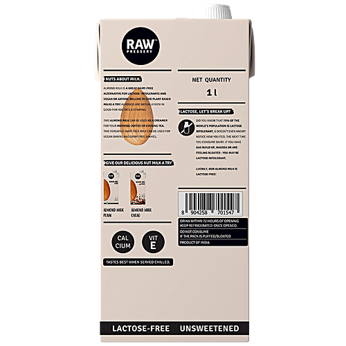 Raw Pressery Almond Milk - Plain, Unsweetened, Lactose Free, Dairy Free & Vegan, 1 L  